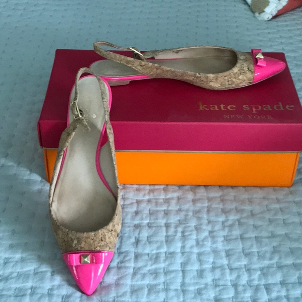 Kate Spade cork and hot pink patent flats 6.5